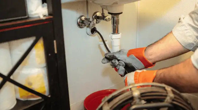 Drain cleaning technician using a motorized plumbing snake to clear a clogged sink pipe in Baton Rouge, LA